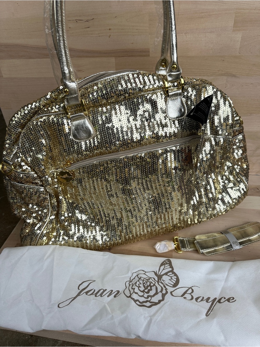Joan Boyce Metallic Gold Sequin Travel Tote